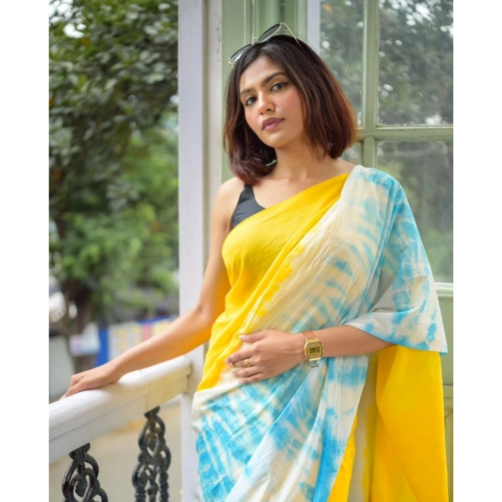 Generic Women's Linen Printed Saree With Unstitched Blouse 5.5Mtr (Multicolor)