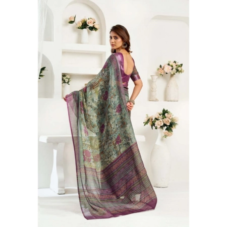 Generic Women's Linen Cotton Printed Ready To Wear Saree With Unstitched Blouse 5.5 Mtr (Multicolor)