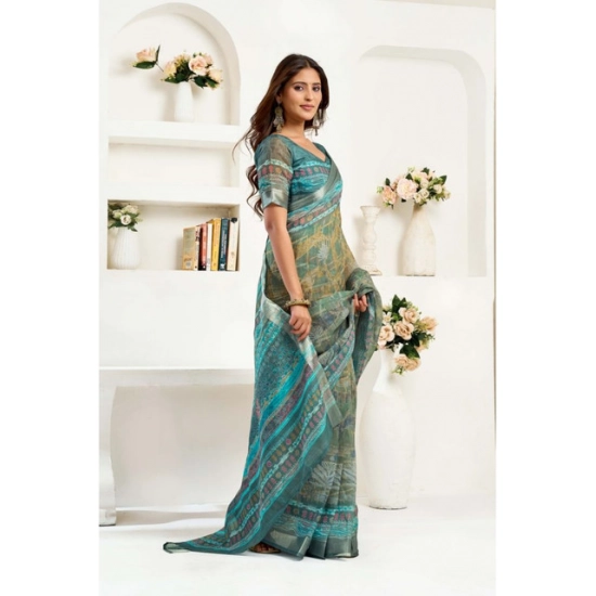 Generic Women's Linen Cotton Printed Ready To Wear Saree With Unstitched Blouse 5.5 Mtr (Light_Green)