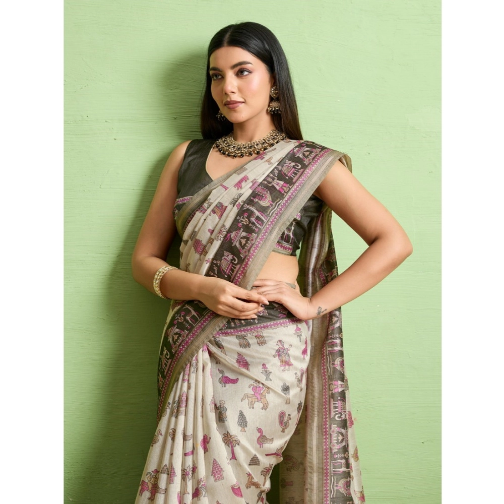 Generic Women's Silk Blend Printed Saree With Unstitched Blouse 5.5Mtr (Off White) Generic Women's Silk Blend Printed Saree With Unstitched Blouse 5.5Mtr (Off White)