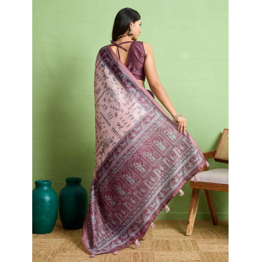 Generic Women's Silk Blend Printed Saree With Unstitched Blouse 5.5Mtr (Grey)