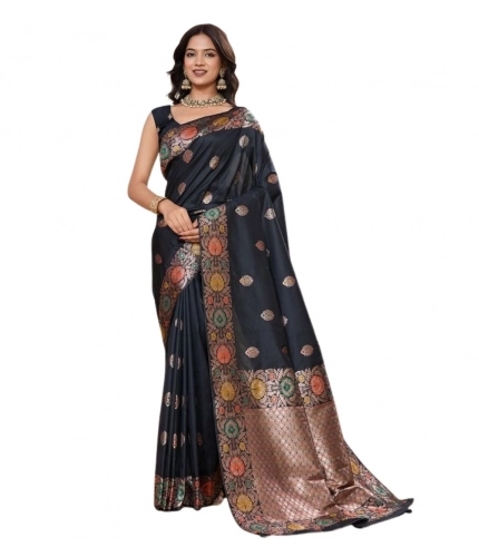 Generic Women's Faux_Banarasi_Silk Woven Saree With Unstitched Blouse 5.5Mtr (Black)