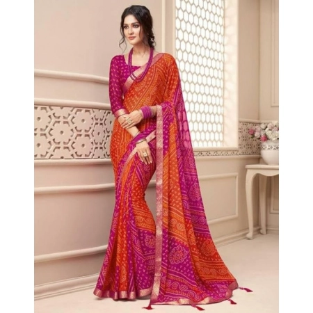 Generic Women's Georgette Bandhani Printed Saree With Unstitched Blouse 5.5Mtr (Orange-Magenta)