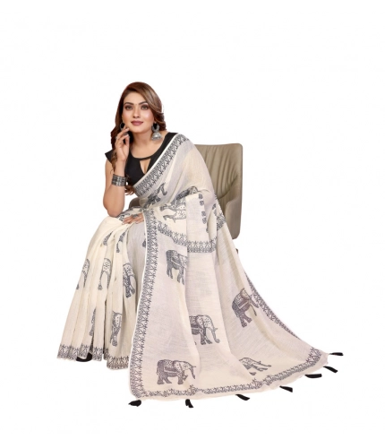 Generic Women's Linen Cotton Printed Saree With Unstitched Blouse 5.5Mtr (Off White)