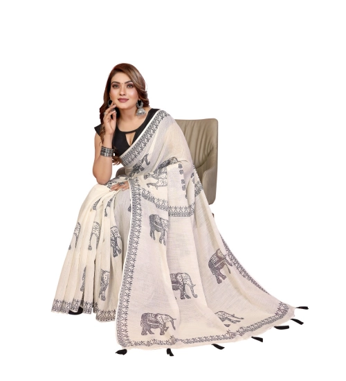 Generic Women's Linen Cotton Printed Saree With Unstitched Blouse 5.5Mtr (Off White)
