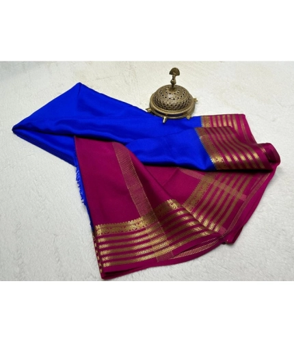 Generic Women's Crepe Chit Pallu Solid Saree With Unstitched Blouse 5.5Mtr (Navy Blue)
