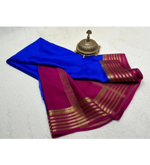 Generic Women's Crepe Chit Pallu Solid Saree With Unstitched Blouse 5.5Mtr (Navy Blue)