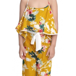 Generic Girl's Rayon Floral Shoulder Straps Jumpsuit (Mustard)