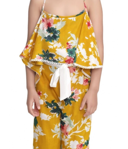 Generic Girl's Rayon Floral Shoulder Straps Jumpsuit (Mustard)