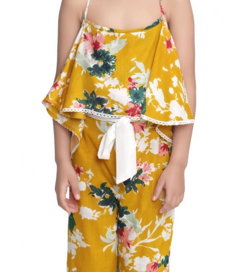 Generic Girl's Rayon Floral Shoulder Straps Jumpsuit (Mustard)