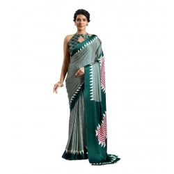 Generic Women's Satin Crepe Printed Saree With Unstitched Blouse 5.5Mtr (Green)
