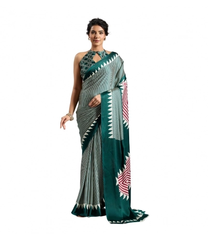 Generic Women's Satin Crepe Printed Saree With Unstitched Blouse 5.5Mtr (Green)