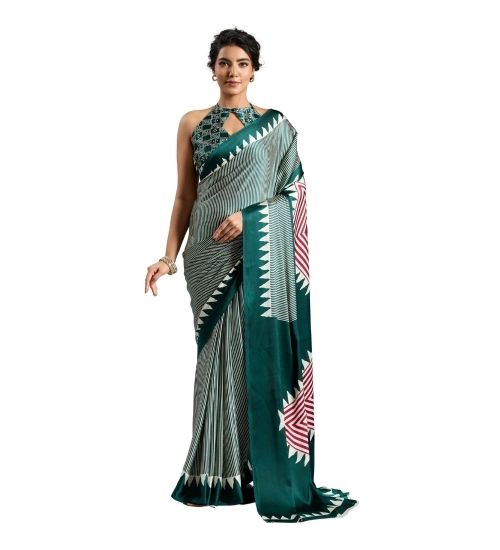Generic Women's Satin Crepe Printed Saree With Unstitched Blouse 5.5Mtr (Green)