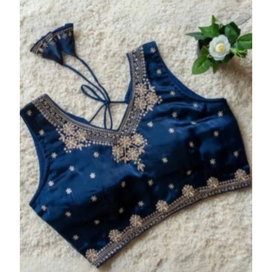 Generic Women's Silk Embroidered V-Neck Sleeveless Readymade Padded Blouse (Blue, Size 38)