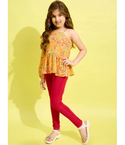 Generic Girl's Polyester Floral One Shoulder Jeggings Set (Yellow-Red)