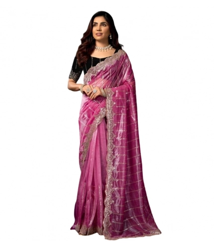 Generic Women's Net Sequence Saree With Unstitched Blouse 5.5Mtr (Pink)