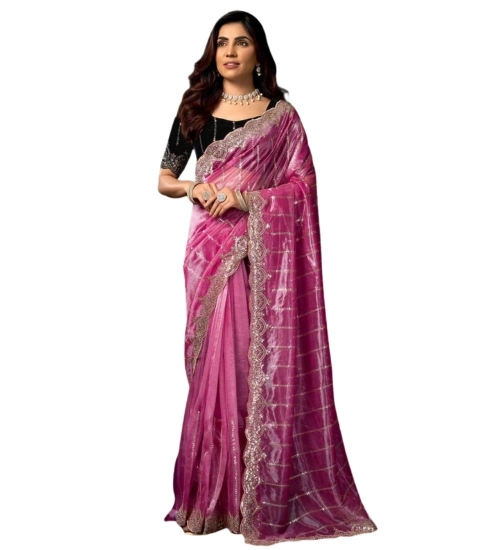 Generic Women's Net Sequence Saree With Unstitched Blouse 5.5Mtr (Pink)