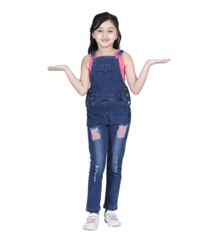 Generic Girl's Denim Patch Work Buttoned Dungaree (Blue)