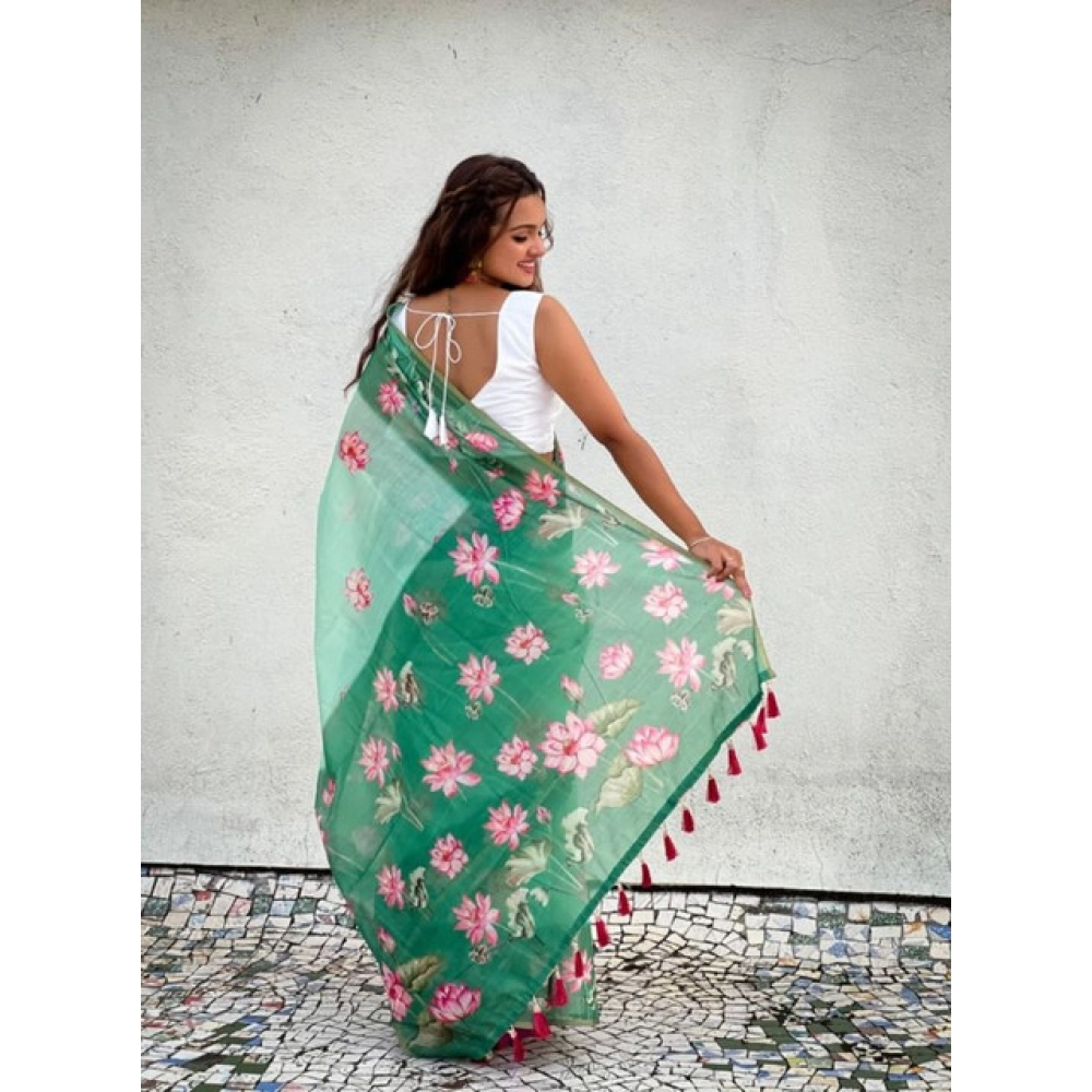 Generic Women's Linen Printed Saree With Unstitched Blouse 5.5Mtr (Green)