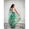 Generic Women's Linen Printed Saree With Unstitched Blouse 5.5Mtr (Green)