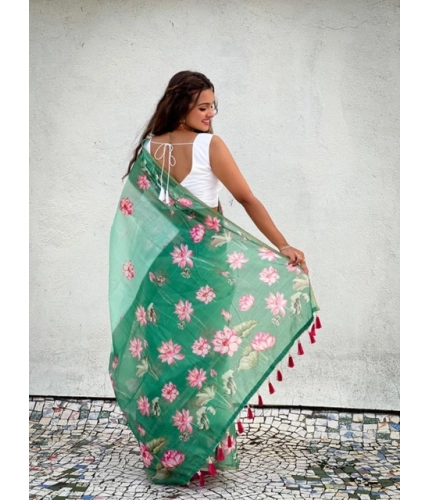 Generic Women's Linen Printed Saree With Unstitched Blouse 5.5Mtr (Green)