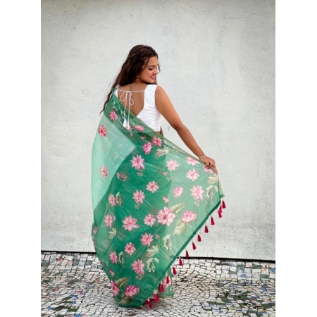 Generic Women's Linen Printed Saree With Unstitched Blouse 5.5Mtr (Green)
