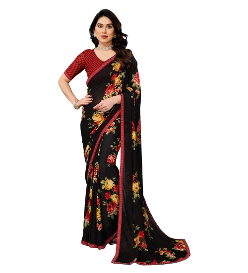 Generic Women's Georgette Printed Saree With Unstitched Blouse 5.5Mtr (Black)
