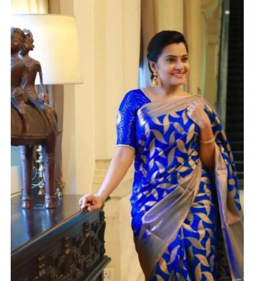 Generic Women's Litchi silk Printed Saree With Unstitched Blouse (Blue)