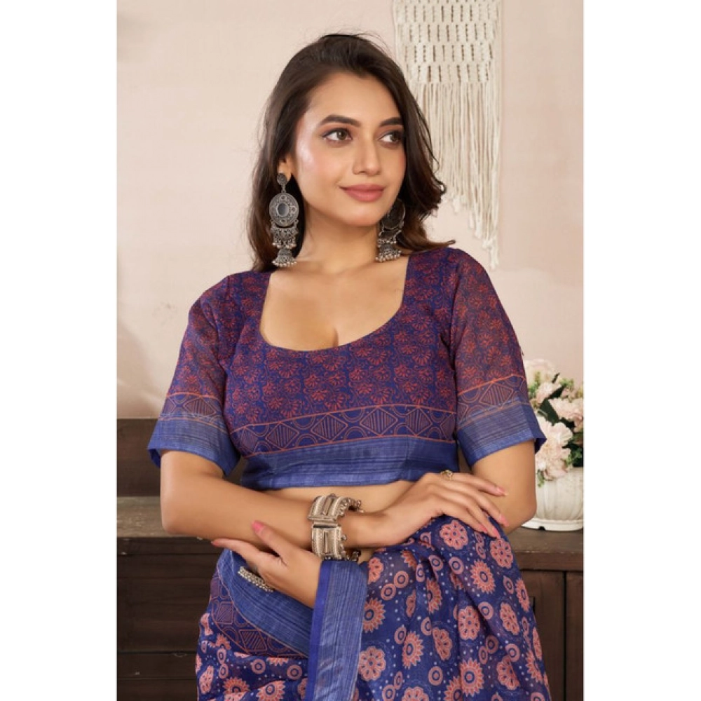 Generic Women's Linen Cotton Printed Ready To Wear Saree With Unstitched Blouse 5.5 Mtr (Dark_Navy_Blue) Generic Women's Linen Cotton Printed Ready To Wear Saree With Unstitched Blouse 5.5 Mtr (Dark_Navy_Blue)