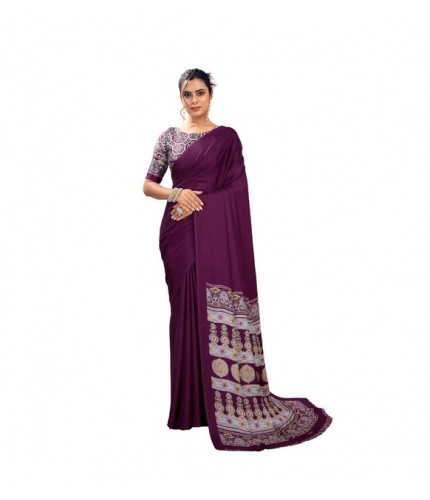 Generic Women's Satin Crepe Printed Saree With Unstitched Blouse 5.5Mtr (Purple)