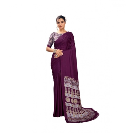 Generic Women's Satin Crepe Printed Saree With Unstitched Blouse 5.5Mtr (Purple)