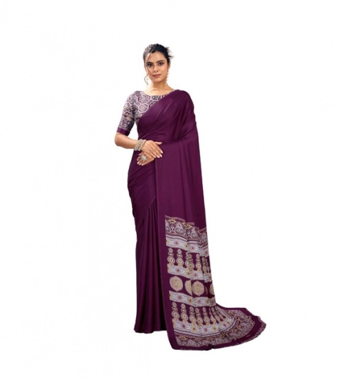 Generic Women's Satin Crepe Printed Saree With Unstitched Blouse 5.5Mtr (Purple)