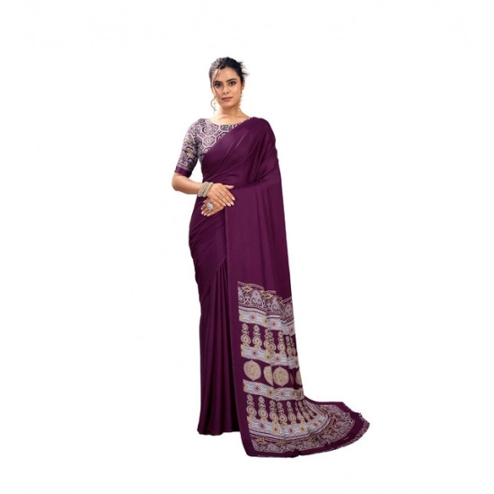 Generic Women's Satin Crepe Printed Saree With Unstitched Blouse 5.5Mtr (Purple)