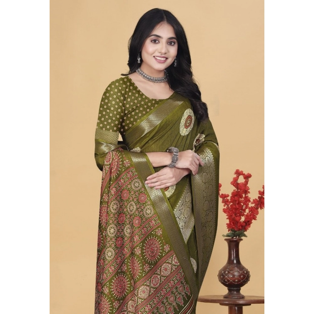Women’s Art Silk Printed Saree With Unstitched Blouse 5.5Mtr (Mehendi)