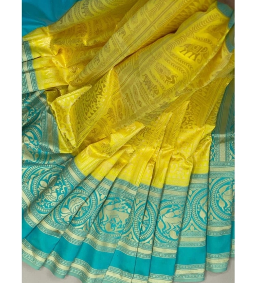 Generic Women's Soft Litchi Silk Jacquard Work Saree With Unstitched Blouse 5.5Mtr (Yellow)