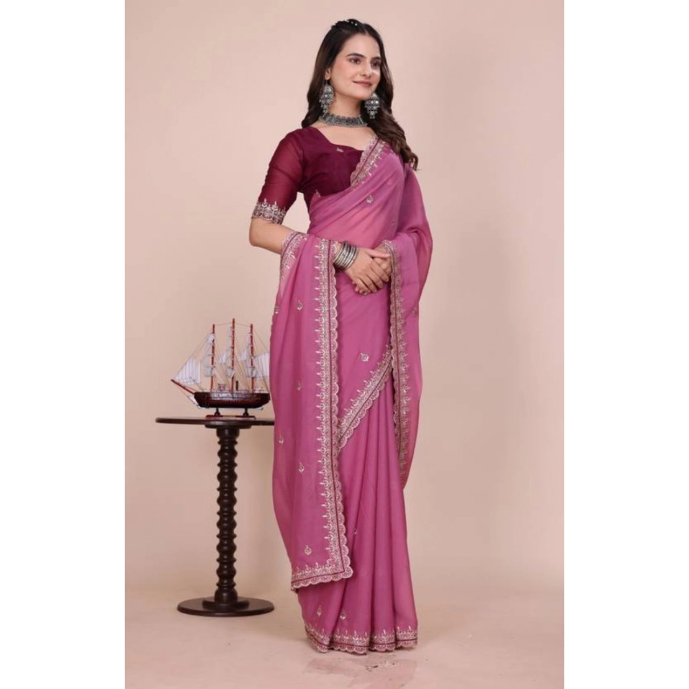 Generic Women's Georgette Embellished Saree With Unstitched Blouse 5.5Mtr�(Pink)