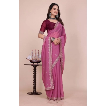 Generic Women's Georgette Embellished Saree With Unstitched Blouse 5.5Mtr (Pink)