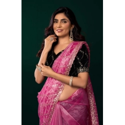Generic Women's Net Sequence Saree With Unstitched Blouse 5.5Mtr (Light Pink)