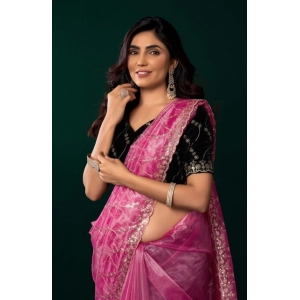 Generic Women's Net Sequence Saree With Unstitched Blouse 5.5Mtr (Light Pink)