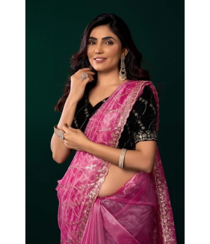Generic Women's Net Sequence Saree With Unstitched Blouse 5.5Mtr (Light Pink)