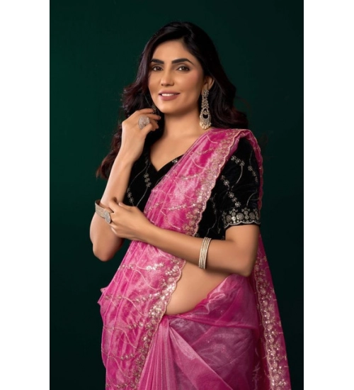 Generic Women's Net Sequence Saree With Unstitched Blouse 5.5Mtr (Light Pink)