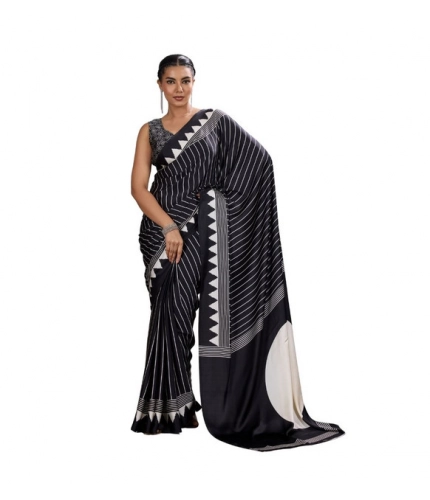 Generic Women's Satin Crepe Printed Saree With Unstitched Blouse 5.5Mtr (Black)