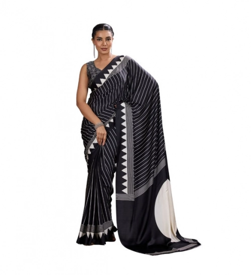 Generic Women's Satin Crepe Printed Saree With Unstitched Blouse 5.5Mtr (Black)