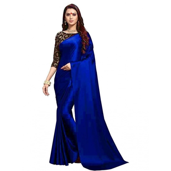 Generic Women's Satin Solid Saree With Unstitched Blouse 5.5Mtr (Blue)