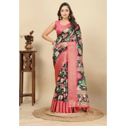 Generic Women's Cotton Silk Floral Printed Saree With Unstitched Blouse 5.5Mtr (Black)