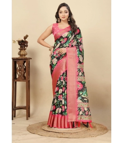 Generic Women's Cotton Silk Floral Printed Saree With Unstitched Blouse 5.5Mtr (Black)