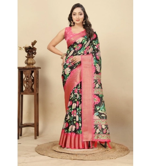Generic Women's Cotton Silk Floral Printed Saree With Unstitched Blouse 5.5Mtr (Black)