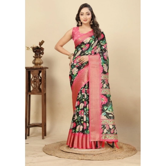 Generic Women's Cotton Silk Floral Printed Saree With Unstitched Blouse 5.5Mtr (Black)