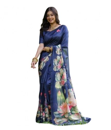 Generic Women's Faux_Tussar Floral Saree With Unstitched Blouse 5.5Mtr (Navy_Blue)
