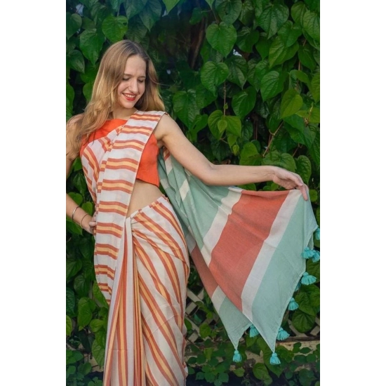 Generic Women's Linen Printed Saree With Unstitched Blouse 5.5Mtr (Orange)